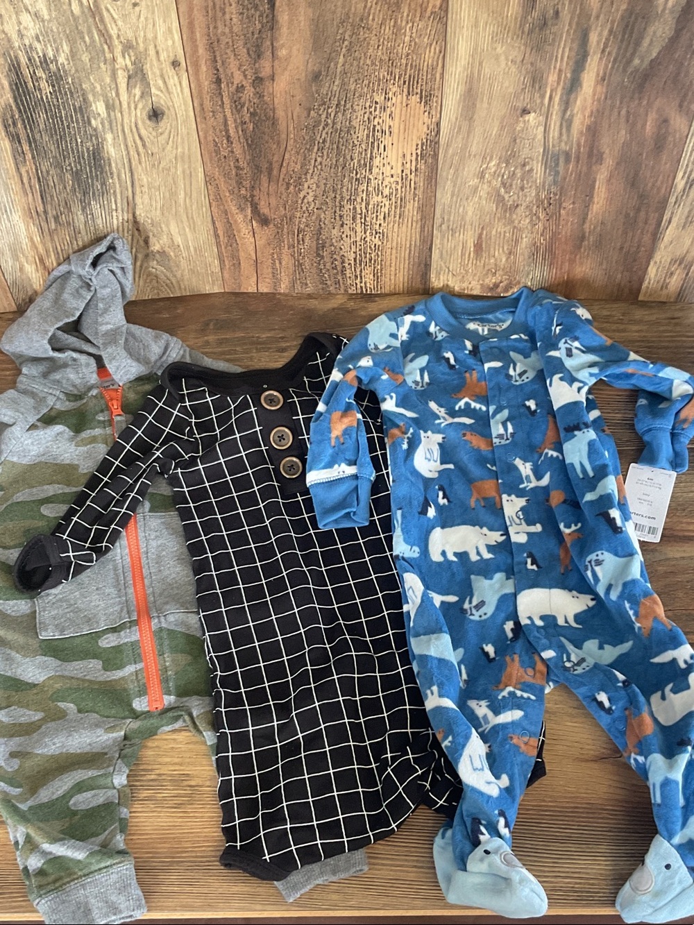 3PC Bundle Blue Animal-Print Fleece One-Pieces 6mos    C374